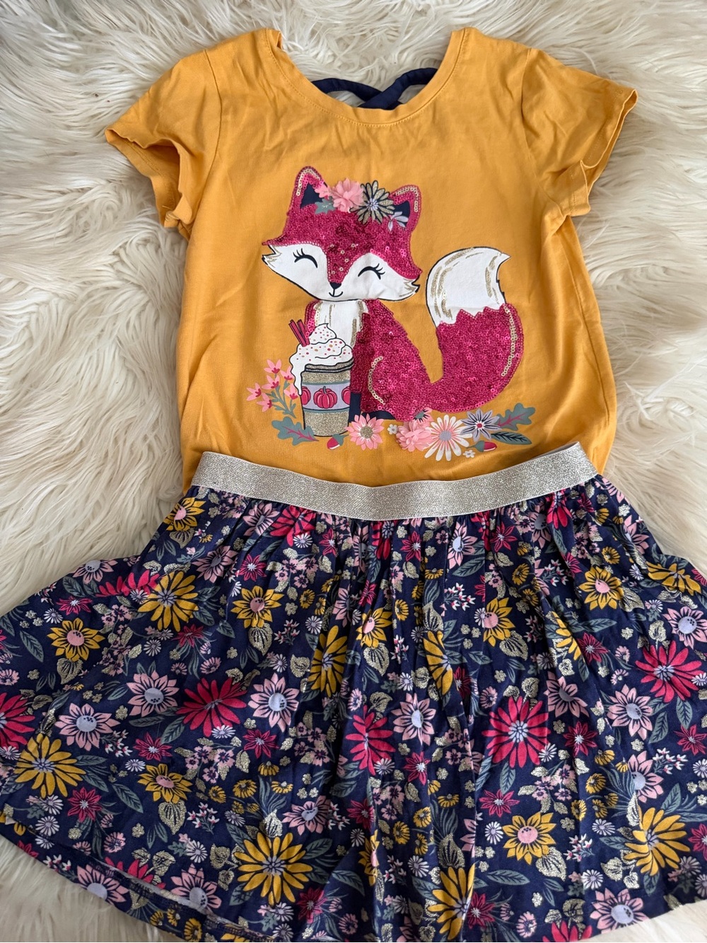 Isaac Mizrahi Mustard Yellow Fox Graphic Top with Navy Floral Skirt